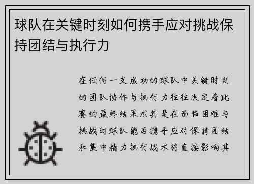 球队在关键时刻如何携手应对挑战保持团结与执行力